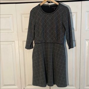 Banana Republic Midi Dress Women Sz 12P Gray Windowpane 3/4 Sleeve Scoop Neck
